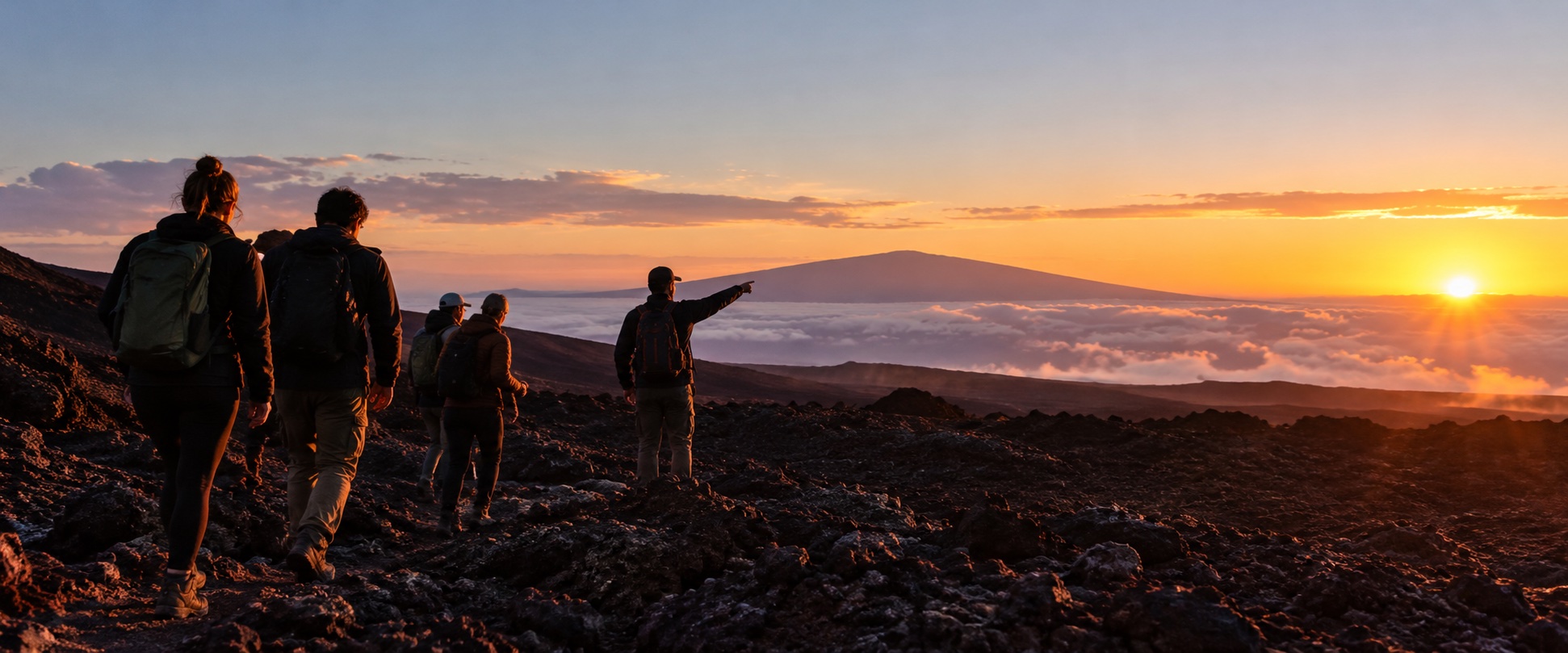 A guide leading a small group across volcanic lava fields at sunrise, above the clouds
