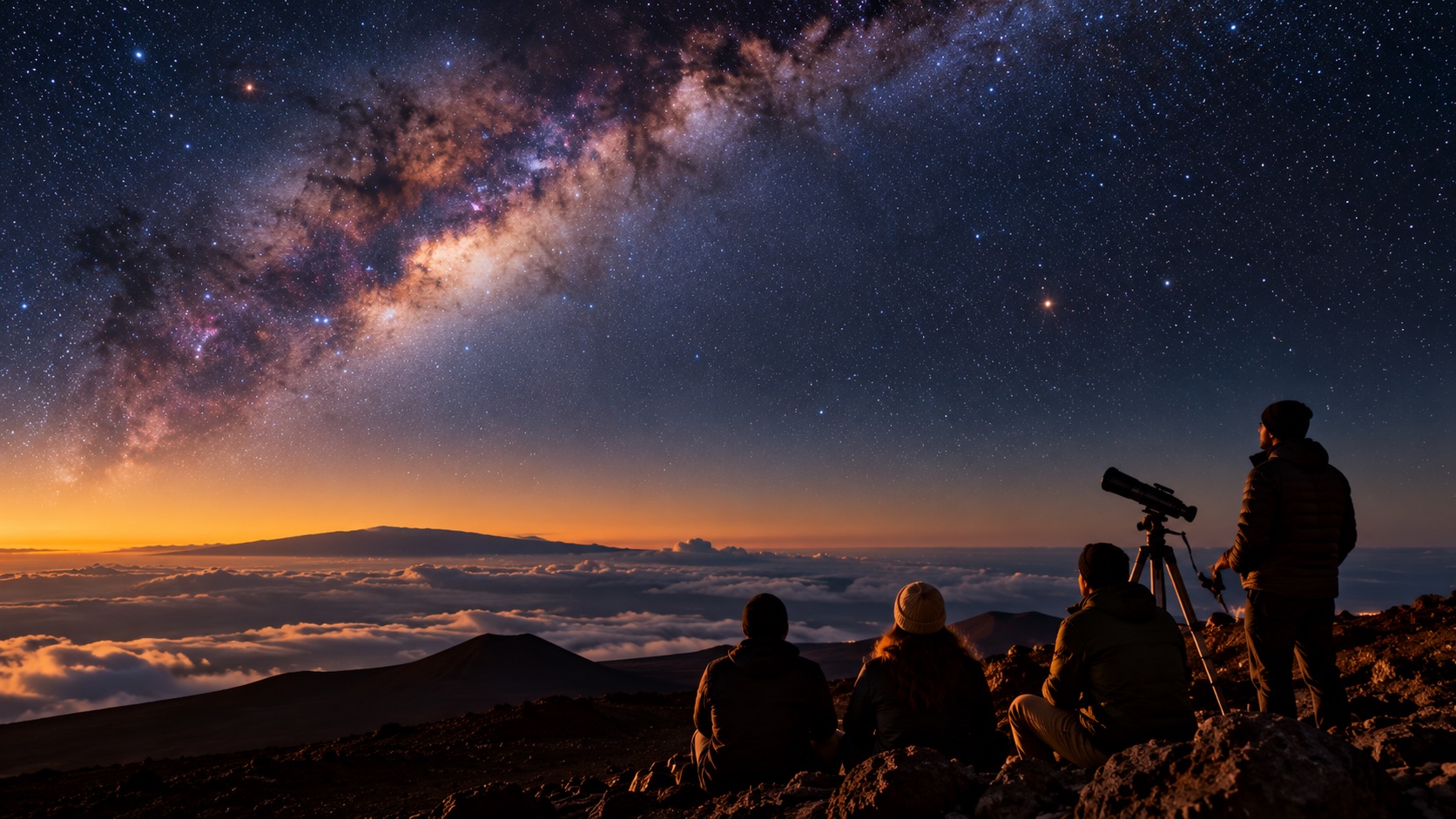 A small group on a mountaintop above the clouds, watching the Milky Way beside a telescope