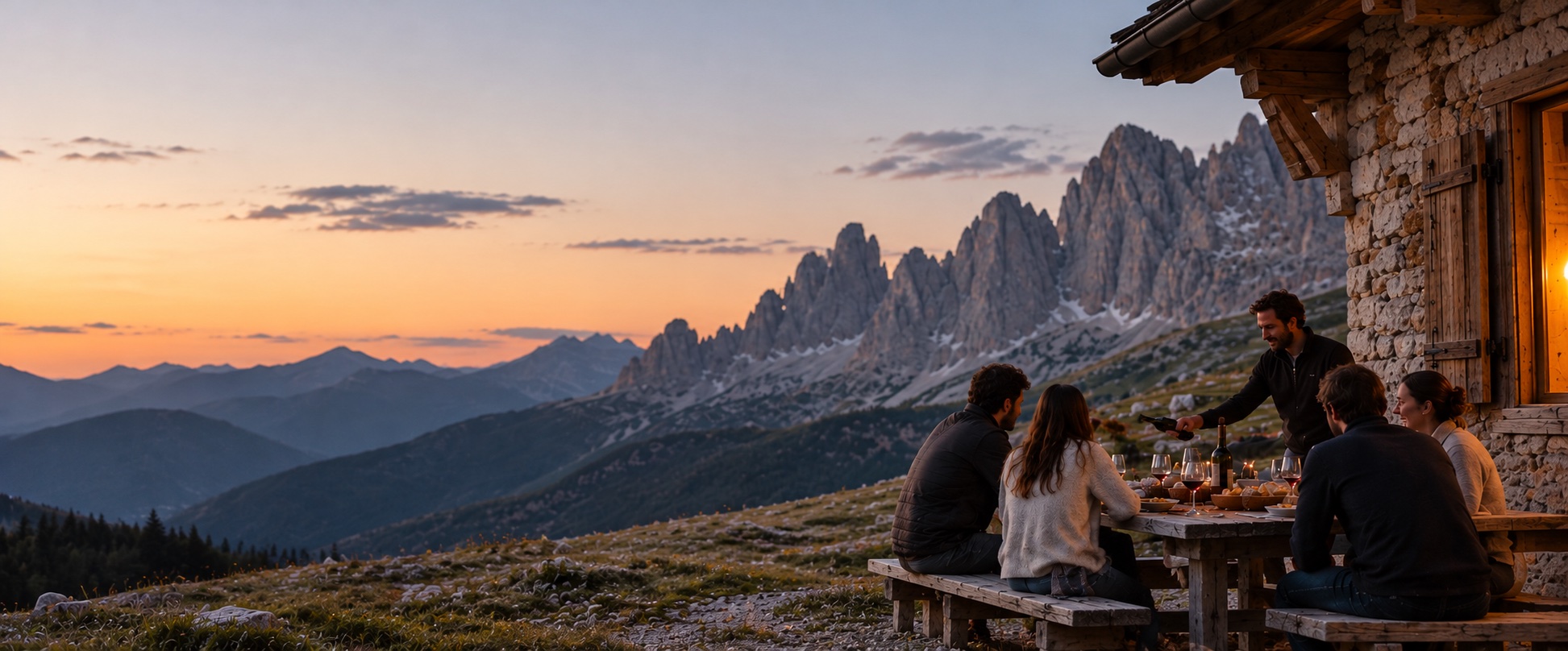 Friends at dinner outside a stone mountain hut at sunset, with the Dolomites behind them