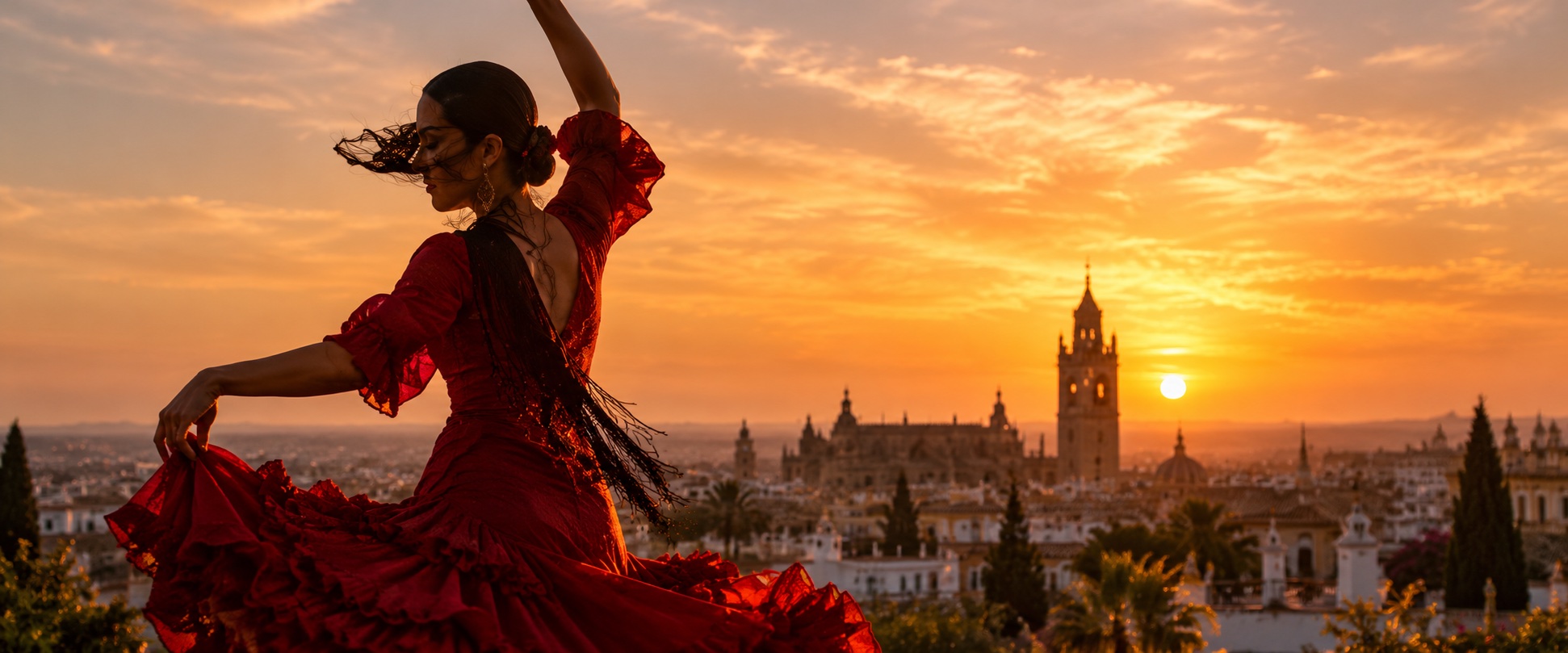 A flamenco dancer in red at sunset, with Seville's cathedral and rooftops behind her